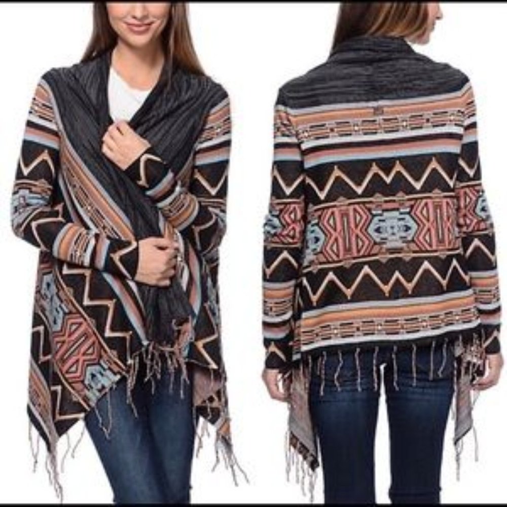 Billabong Dream Chaser Grey Stripe Fringe Wrap Sweater